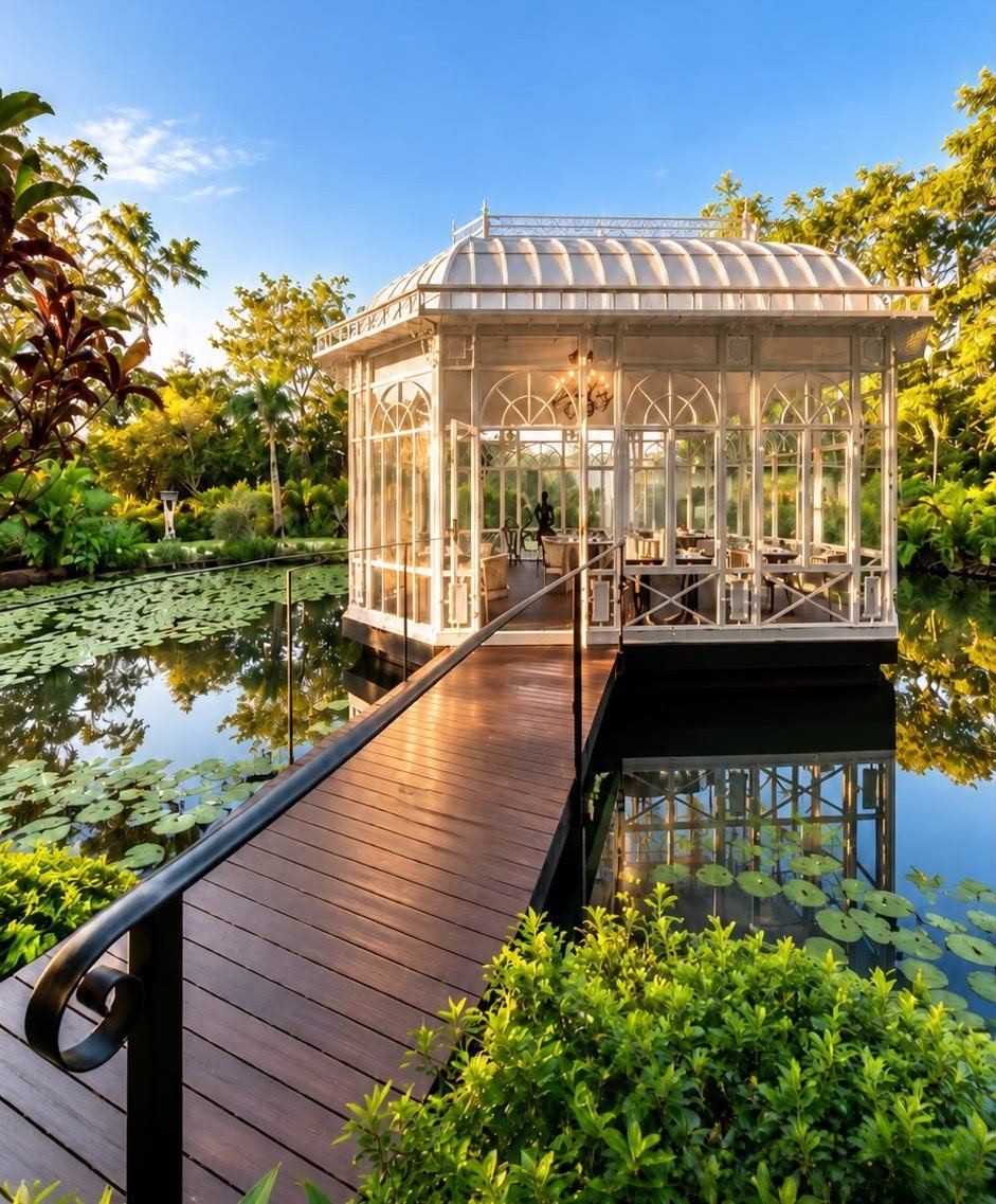 A glass pavilion over a lily pond in the hotel gardens
