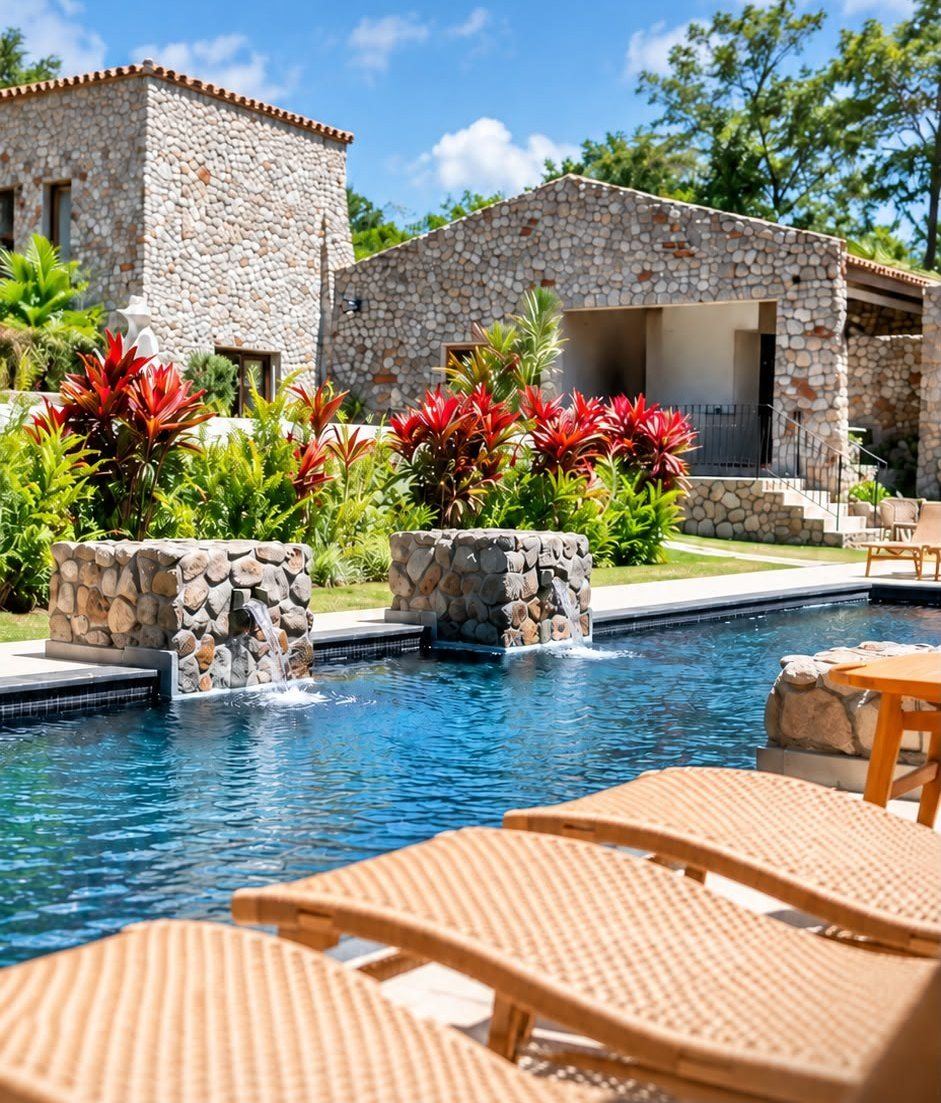 Loungers beside the hotel pool and stone buildings