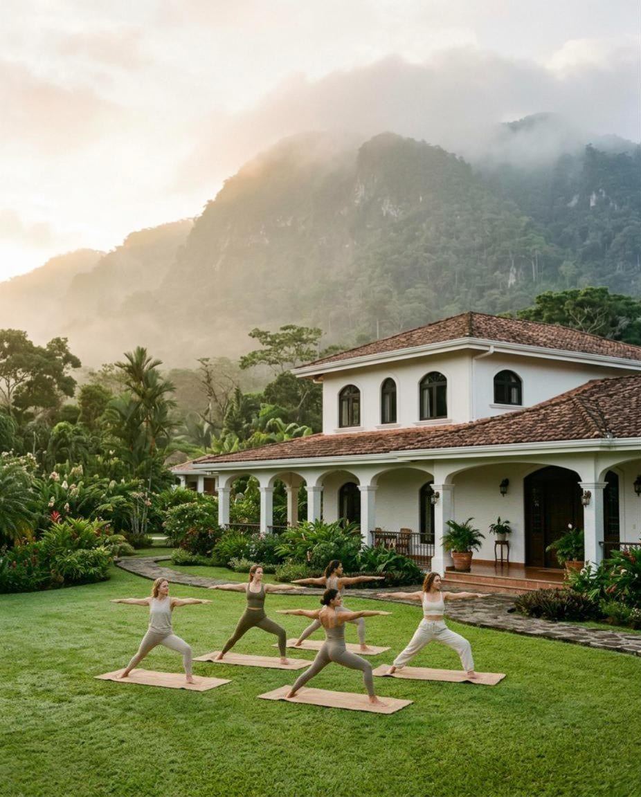 Women practicing yoga on a garden lawn in front of a white villa beneath a misty mountain
